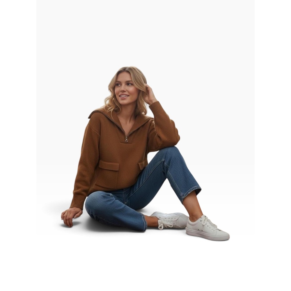 Anthropologie Rust Ribbed Crop Half-Zip Pullover Sweater Pockets XS
